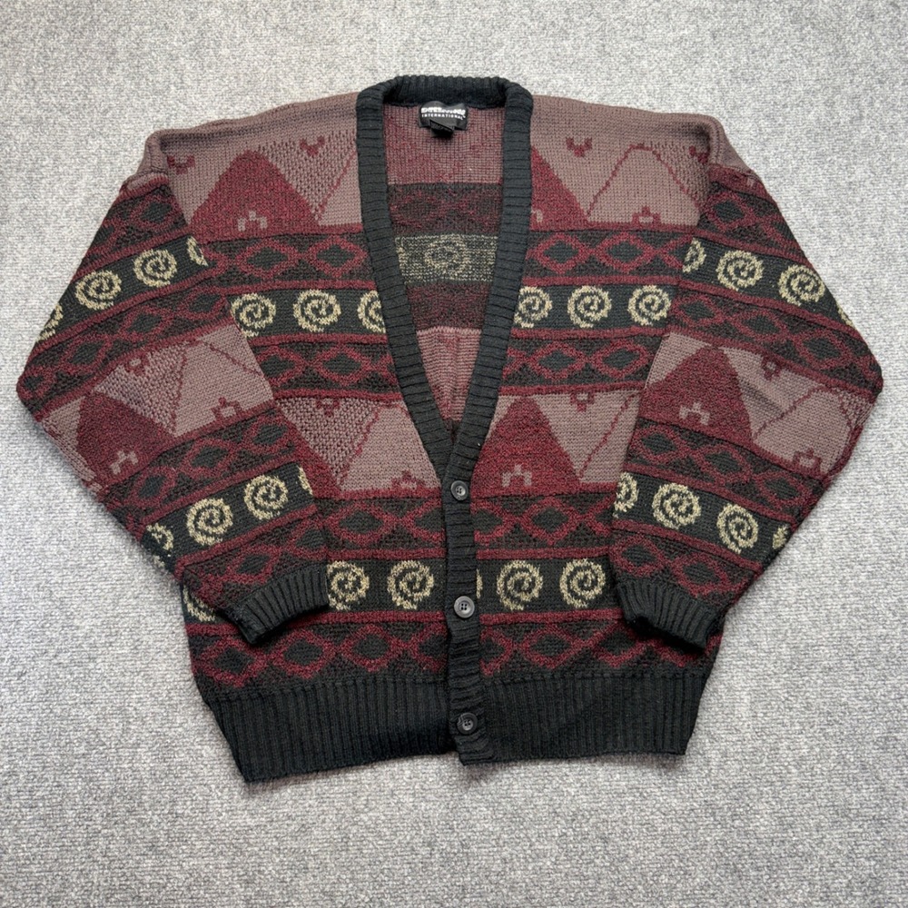 Vintage Expressions International Men Cardigan Geometric Spiral Knit Burgundy L